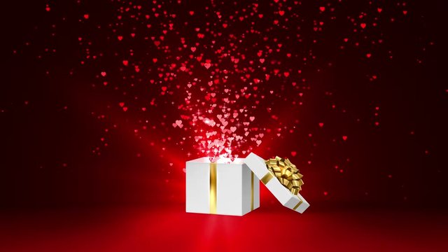 Open white holiday gift box with gold bow and with flow red and pink hearts. Valentines Day loop festive animation on the red background.