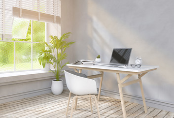 interior modern living room workspace with desk and laptop computer, sofa and green landscape in window. 3D rendering
