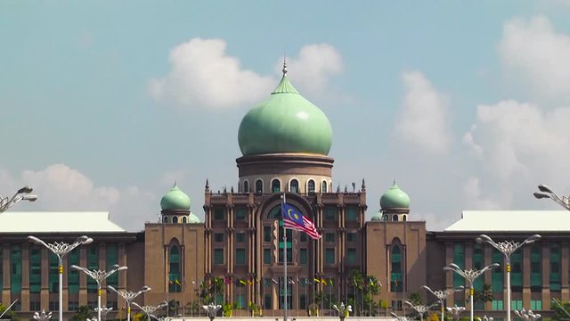 Beautiful exterior wide shot putrajaya mosque at Putra Jaya city, Kuala Lumpur busy road.