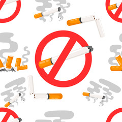 Seamless pattern of no smoking forbidden signs with flat cigarette with smoke vector illustration on white background website page and mobile app design