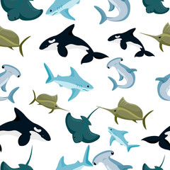 Seamless pattern of hammerhead and blue shark sphyrna manta orca vector illustration on white background website page and mobile app design - obrazy, fototapety, plakaty