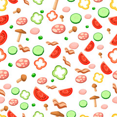 Seamless pattern with ingredients for pizza salami tomato bacon cucumber bulgarian pepper mushrooms peas vector illustration on white background with website page and mobile app design