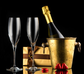 Background Valentine's Day with Champagne and chocolate candies