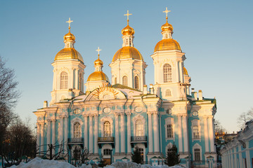evening view of Nikolsky Cathedral on blue sky background. Russia Saint Petersburg