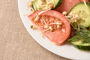 Tomato and cucumber. Light background. Sprouted beans