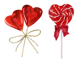 Watercolor illustration heart shaped red lollipops on a stick