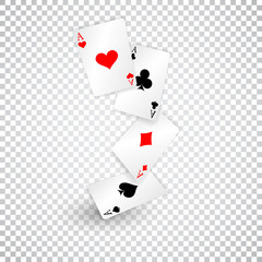 Four aces of diamonds clubs spades and hearts fall or fly as poker playing cards