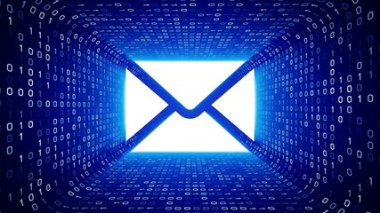 White envelope icon form white binary tunnel on blue background. Seamless loop. More icons and color options available in my portfolio. - Powered by Adobe