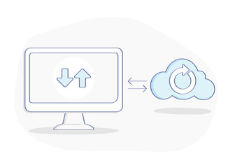 Sync, cloud storage, data syncing across devices. Service exchange or data processing, network of devices, connection, update, synchronize. Device connected to the "cloud".