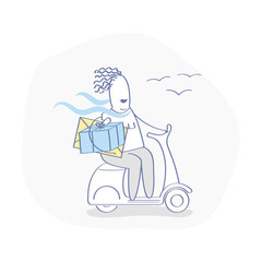 Fast Express Delivery Service. The cute courier - man on the bike or scooter in a hurry to deliver the order - parcels and letters. Isolated Vector Cartoon Illustration in flat outline style.