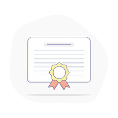 Degree, certificate, contact, graduate degree, charter, license, quality icon, diploma, award or achievement with stamp. Flat outline vector concept on white.
