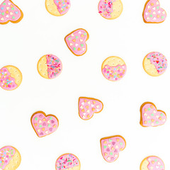 Pink gingerbread cookies isolated on white background. Flat lay. top view.