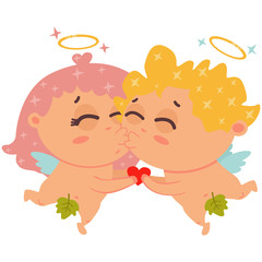 Cupid couple kissing and holds in hands red heart. Valentine's day symbol. Cartoon vector funny amur character isolated on a white background.