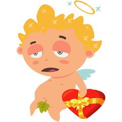 Sad cupid with a red box of chocolates in form of heart. Valentine's Day symbol. Cartoon vector illustration isolated on a white background.