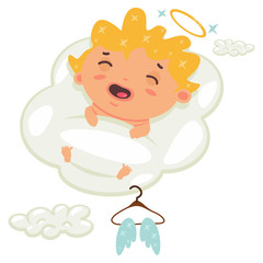 Cute cupid sleeping on a cloud on which hangs hanger with angel wings. Valentine's Day symbol. Cartoon vector illustration isolated on a white background.