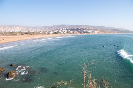 Surfers at surf spot called Banana Point in Morocco, January 2018.