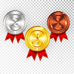 Champion Gold, Silver and Bronze Medal with Red Ribbon Icon Sign First, Second and Third Place Collection Set Isolated on Transparent Background. Vector Illustration