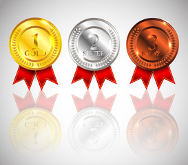 Champion Gold, Silver and Bronze Medal with Red Ribbon and reflection Icon Sign First, Second and Third Place Collection Set Isolated on Transparent Background. Vector Illustration