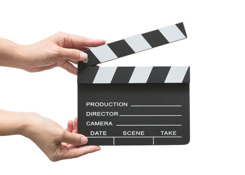 Film slate board or cinema act clapperboard on woman’s hand with take, action, scence blank copyspace isolated on white background (clipping path) for cinema movie production and video camera director