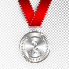 Champion Art Silver Medal with Red Ribbon 2 Icon Sign Second Place Isolated on Transparent Background. Vector Illustration