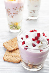 Homemade yogurt meal with fruits, selective focus