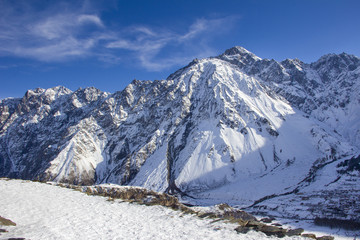 Winter snowy landscape in the Caucasus Mountains Georgia.