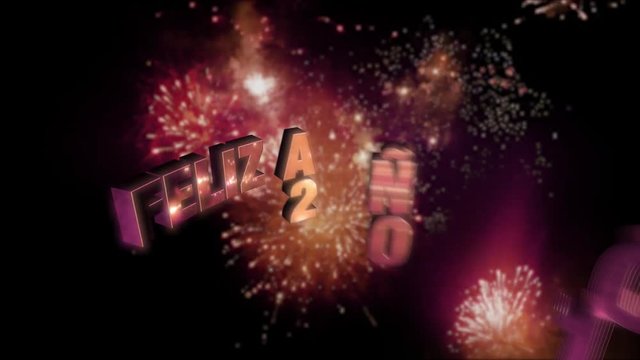 Seamless looping fireworks with the 3d animated text „Feliz Año Nuevo (happy new year in Spanish) 2019” in 4K resolution