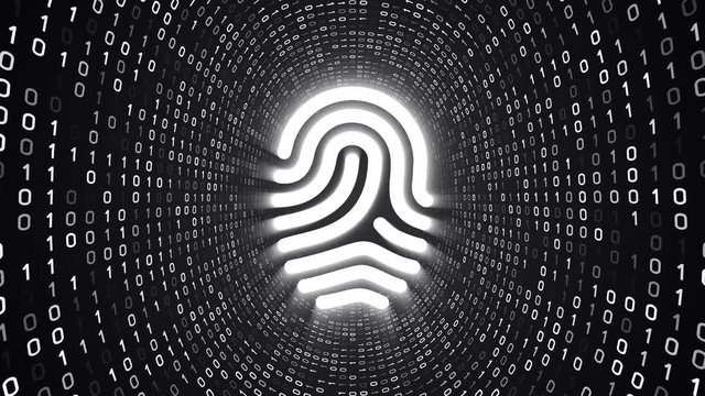 White fingerprint icon form white binary tunnel on black background. Digital security concept. Seamless loop. More icons and color options available in my portfolio.