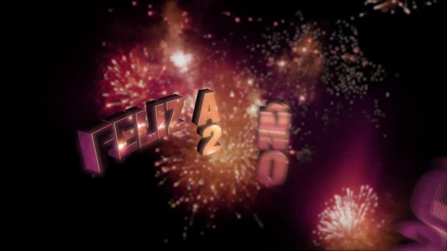 Seamless looping fireworks with the 3d animated text „Feliz Año Nuevo (happy new year in Spanish) 2022” in 4K resolution