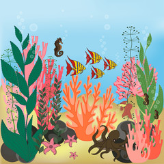 Underwater landscape with water plants and swimming fishes.