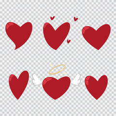 Valentine's day red heart vector cartoon icons set isolated on a transparent background.