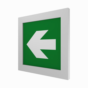 current escape signs according to ASR A1.3: Directional arrow left. Side view, 3d rendering