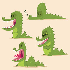 Cartoon alligator set. Vector nature of funny green crocodile isolated on background.