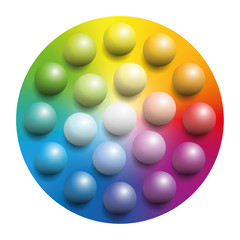 Color spectrum with many colored marbles - many balls placed upon a rainbow colored circle of the same colors. Illustration over white background.