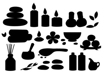 Silhouettes spa tools and accessories black basalt massage stones herbs mortar rolled up towel oil gel and candles vector illustration on white background