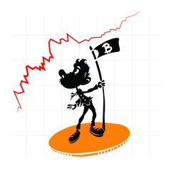 Silhouette of a Man standing on a Bitcoin coin, holding Banner with Bitcoin Symbol, looking at a Trading Chart Graphic.