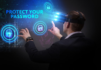 Business, Technology, Internet and network concept. Young businessman working on a virtual screen of the future and sees the inscription: Protect your password