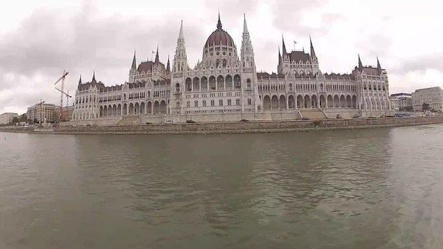Budapest city structures shot from boat on the river.