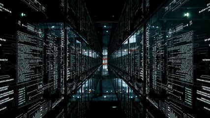 Glass digital tunnel original.Seamlessly looping corridor with HUD servers in data center.Good for Broadcast technology and computers news report.As opener or screensaver in TV show.Type 4 - Powered by Adobe