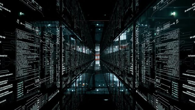 Glass digital tunnel original.Seamlessly looping corridor with HUD servers in data center.Good for Broadcast technology and computers news report.As opener or screensaver in TV show.Type 4