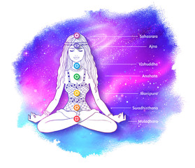 Woman meditating on outer space background