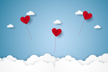 Valentines day , Illustration of love , red heart balloons flying in the sky , paper art style