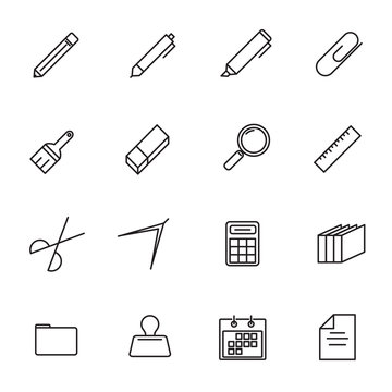 Stationery thin line icon set vector. Back to school and Class room of students. Thin line and outline icon theme. White isolated background.