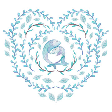 Watercolor Heart Shape Wreath with Leaves and Fishes