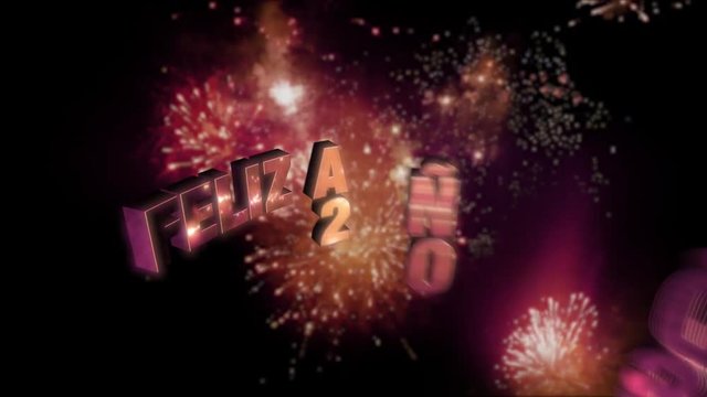 Seamless looping fireworks with the 3d animated text „Feliz Año Nuevo (happy new year in Spanish) 2033” in 4K resolution