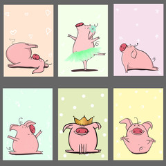 set of cute cartoon pig