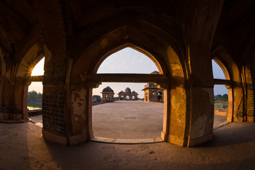 Mandu India, afghan ruins of islam kingdom, mosque monument and muslim tomb, interior details.