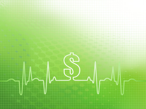 Abstract green graphic of ekg/cardiogram with dollar sign and flowing money indicating financial cost of healthcare, insurance, surgery and other medical expenses. 