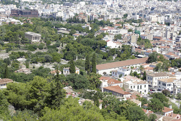 Fototapeta na wymiar Ancient Agora of Athens and surrounding cityscape buildings from Athens Acropolis, Greece