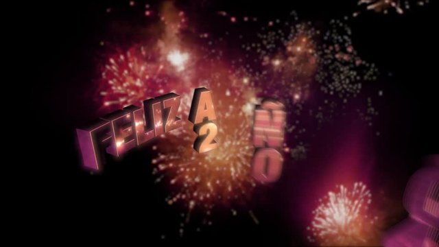 Seamless looping fireworks with the 3d animated text „Feliz Año Nuevo (happy new year in Spanish) 2040” in 4K resolution
